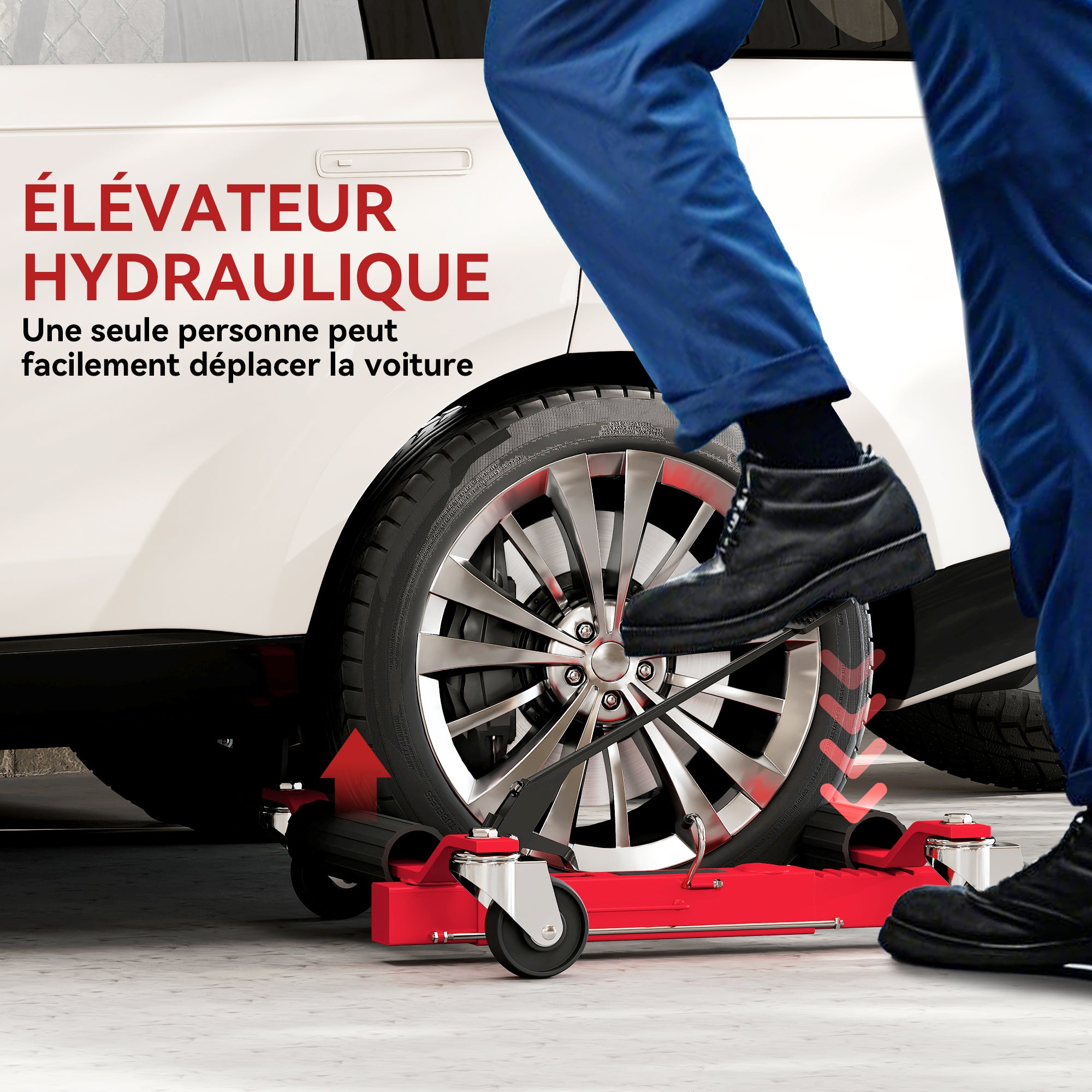 Car Handling Cart 680 kg Capacity, Hydraulic Moving Cart 30.5 cm Tire Width, 360° Rotating Wheels, for Cars, SUVs, ATVs, 63 x 57-72 x 33 cm, Red