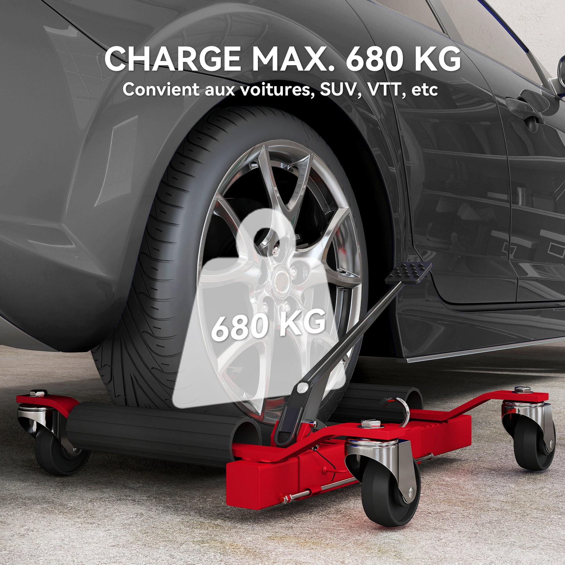 Car Handling Cart 680 kg Capacity, Hydraulic Moving Cart 30.5 cm Tire Width, 360° Rotating Wheels, for Cars, SUVs, ATVs, 63 x 57-72 x 33 cm, Red