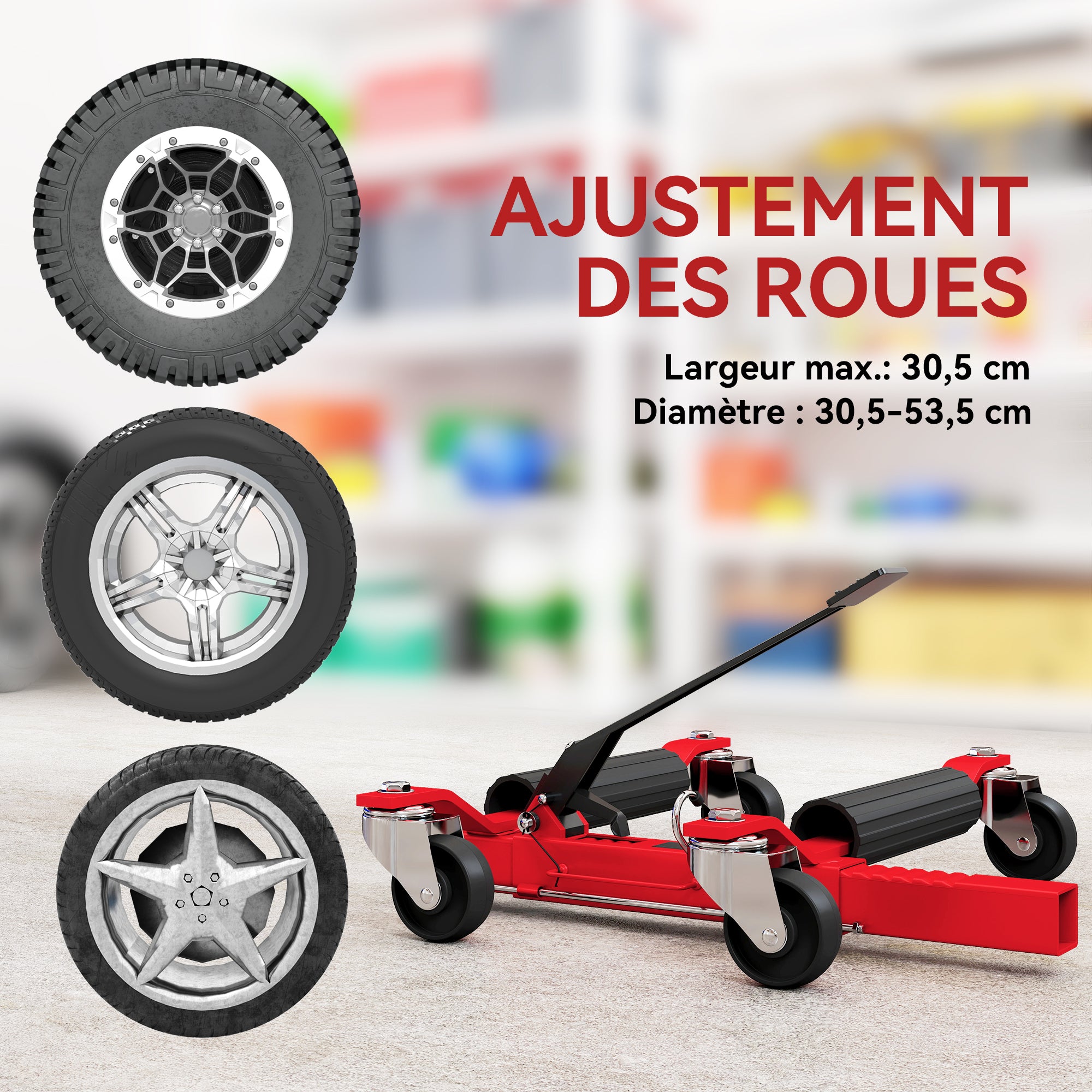 Car Handling Cart 680 kg Capacity, Hydraulic Moving Cart 30.5 cm Tire Width, 360° Rotating Wheels, for Cars, SUVs, ATVs, 63 x 57-72 x 33 cm, Red