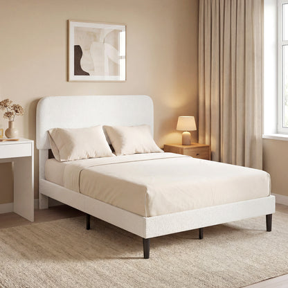 Upholstered Platform Bed 140 x 200 cm (55 x 79 in) with Adjustable Padded Teddy-Fleece Headboard — Metal Frame, White