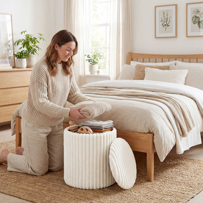 Storage Ottoman with Hidden Compartment — Round Ottoman with Reversible Multi-Function Lid, Marble-Effect Top, White Corduroy Upholstery, Modern Side Table for Living Room & Bedroom, 13.8 x 13.8 x 17.7 in (35 x 35 x 45 cm)