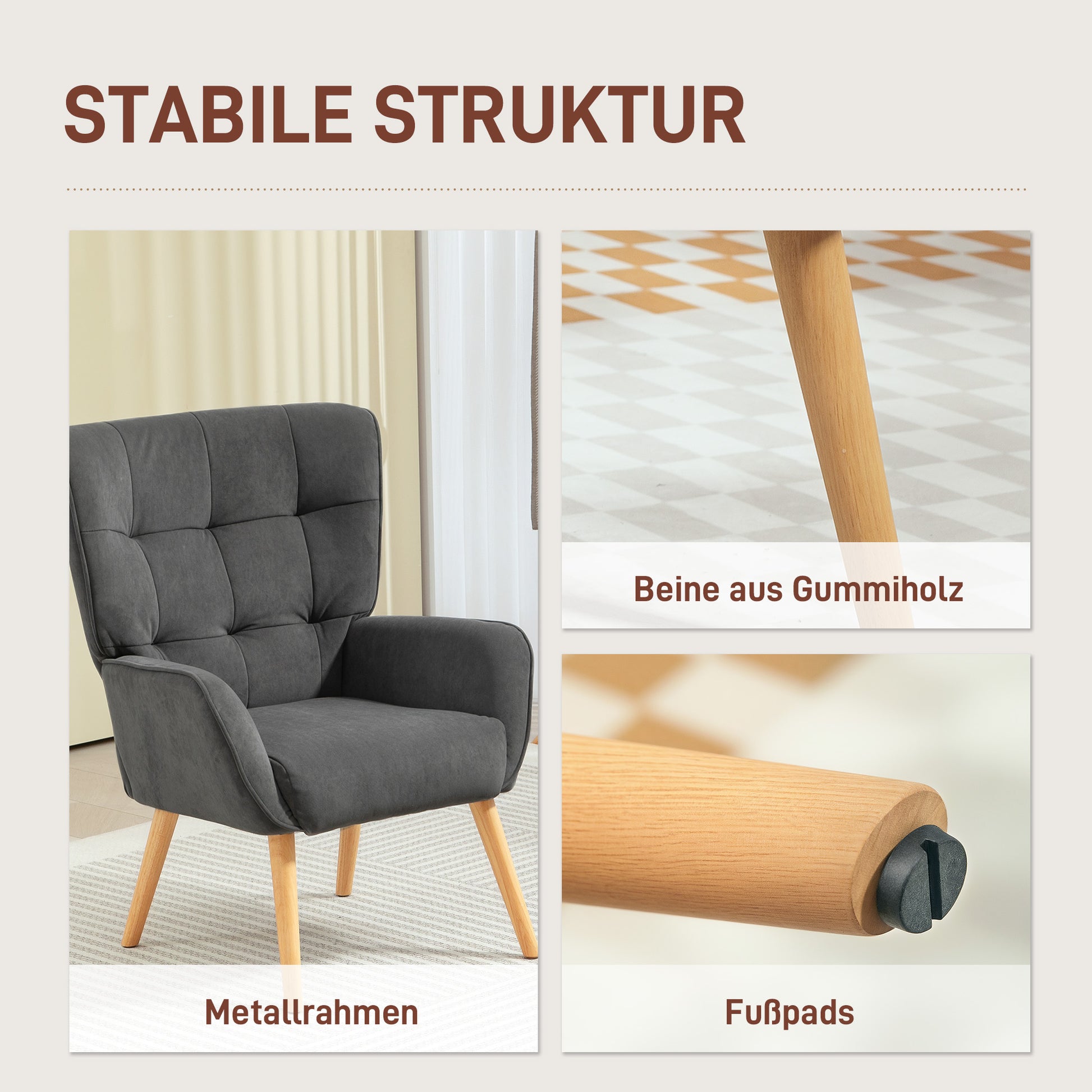 Armchair Living Room Lounge Chair Relax Chair with Wooden Legs Reading Chair with Velvet Look, Upholstered Chair for Bedroom Gray