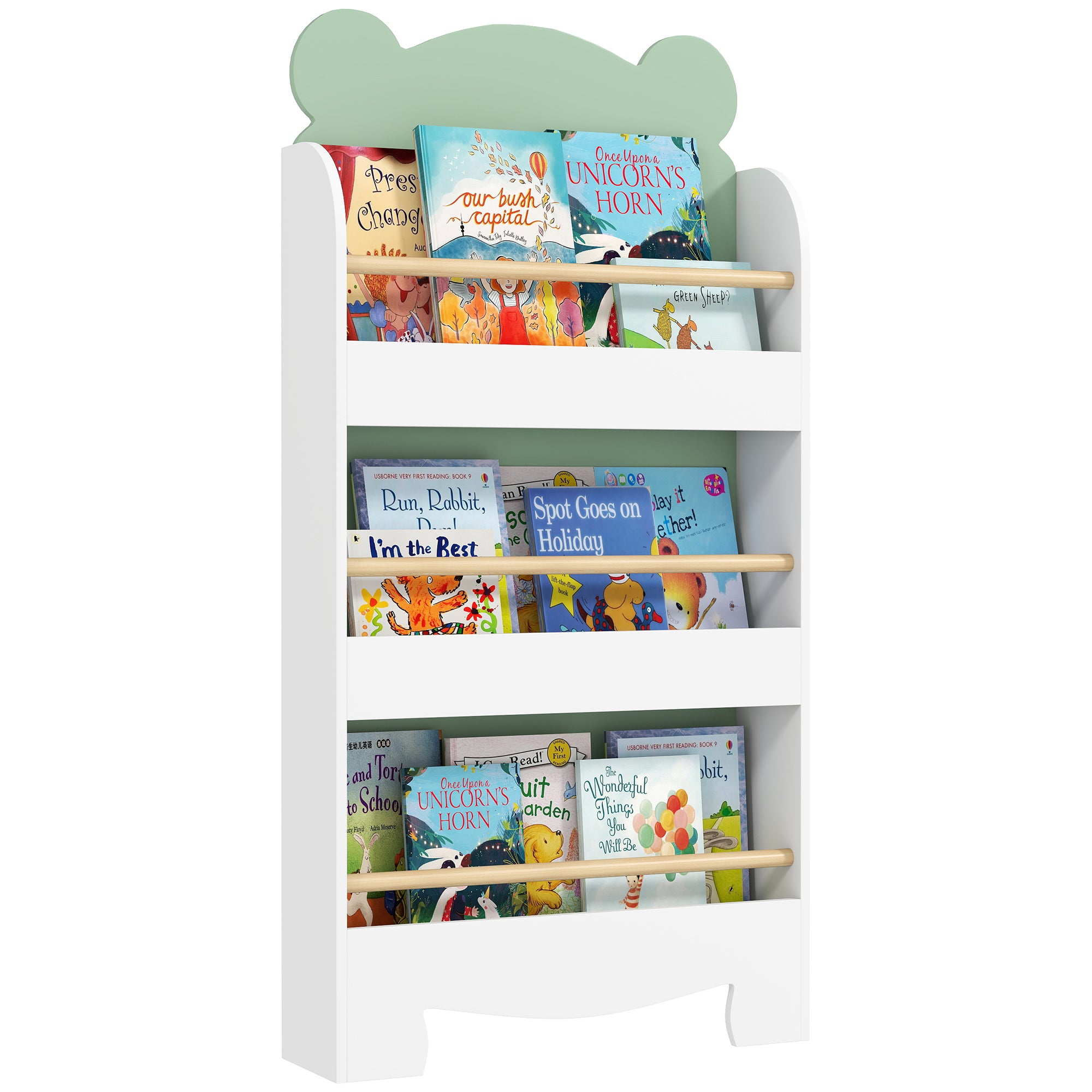 Children's Bookcase, 3-Tier Bear-Themed Toy & Book Shelf for Kids' Room, 21.7 x 5.9 x 43.3 in (55 x 15 x 110 cm), Green