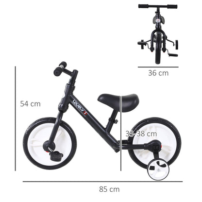 Kids Balance Bike, Training Bike, Kids Bicycle, 2-in-1, Children's Bike with Training Wheels and Pedals, 2-5 Years, Adjustable Seat Height, PP, Black, 85 x W36 x H54 cm