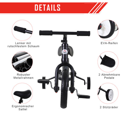 Kids Balance Bike, Training Bike, Kids Bicycle, 2-in-1, Children's Bike with Training Wheels and Pedals, 2-5 Years, Adjustable Seat Height, PP, Black, 85 x W36 x H54 cm