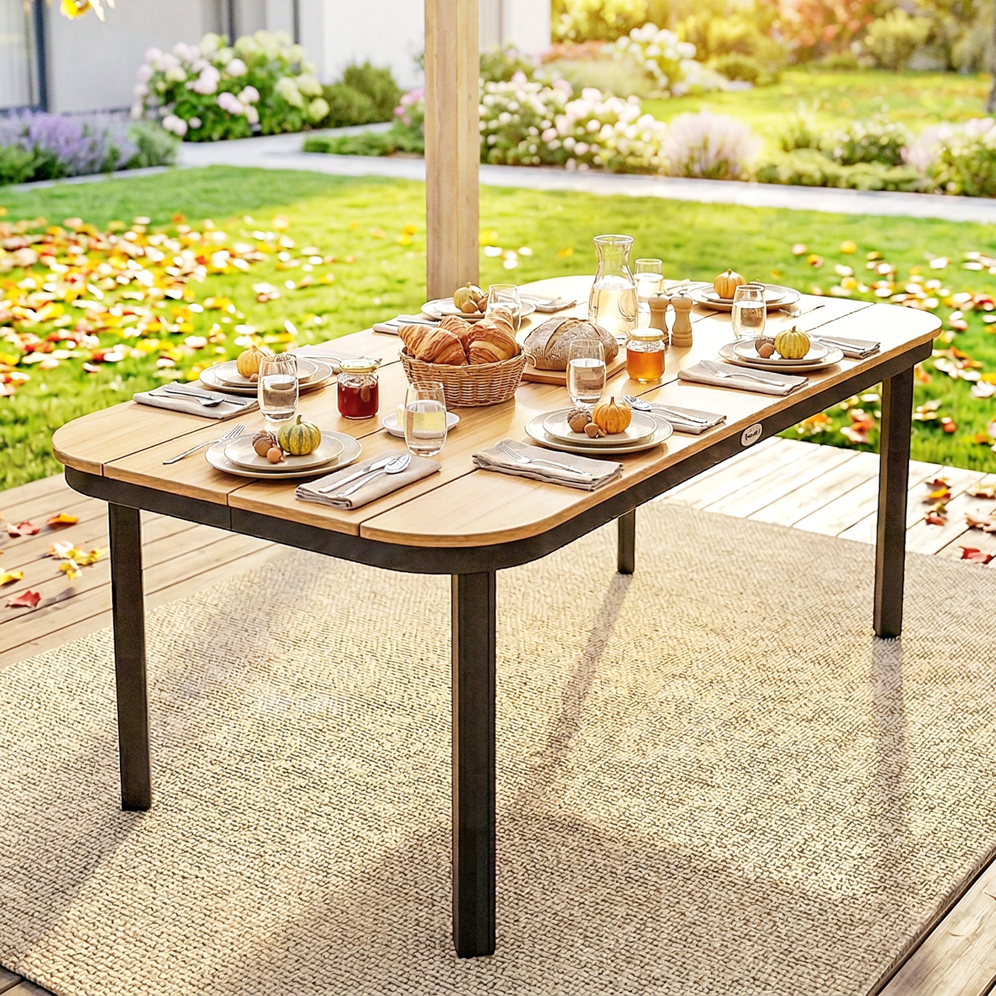 6-Person Outdoor Dining Table — WPC Slatted Top, Metal Frame, Brown, 61 x 34.6 x 28.3 in