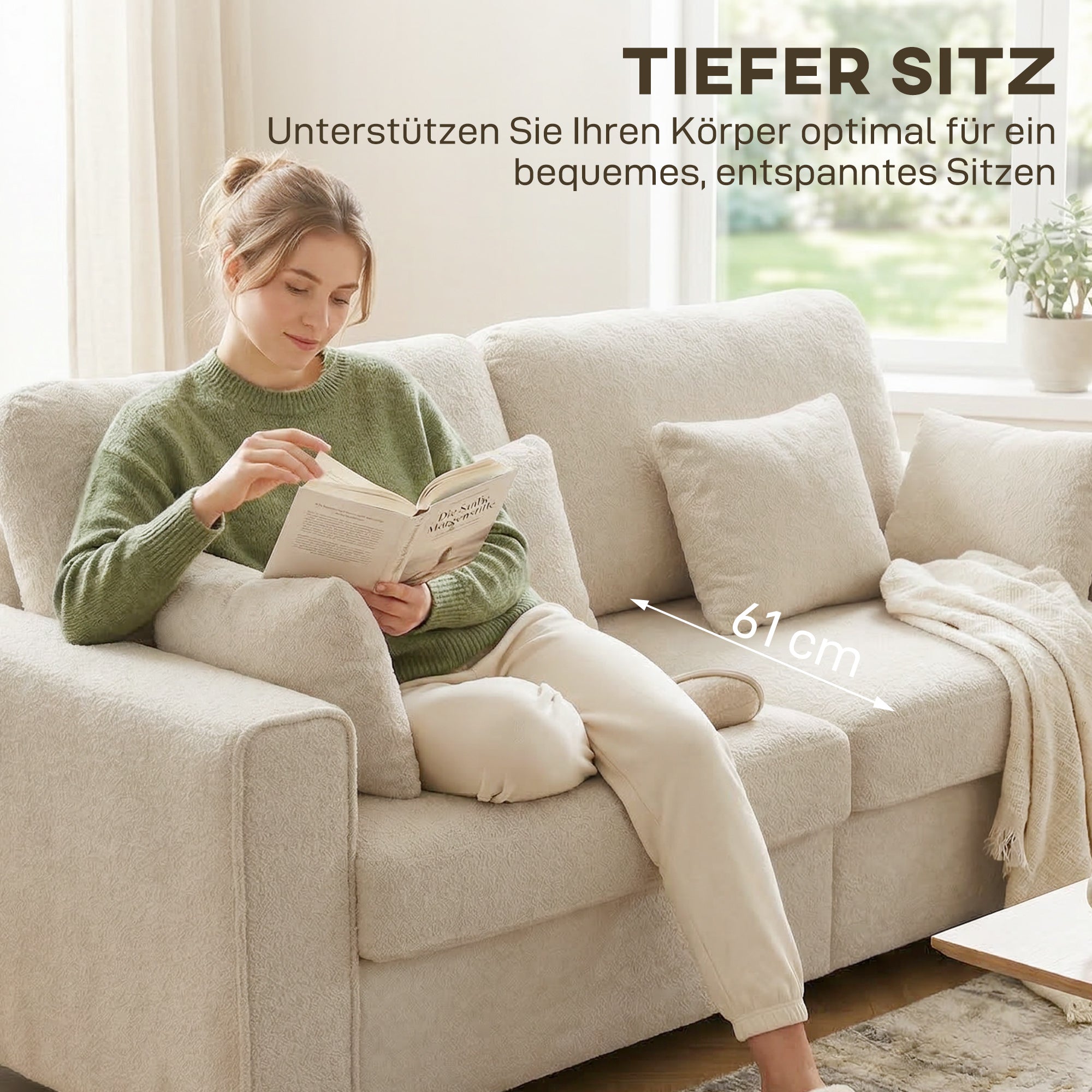3-Seater Deep-Seat Sofa, 83.3 in Wide Velvet-Look Upholstered Couch with 4 Cushions, Beige