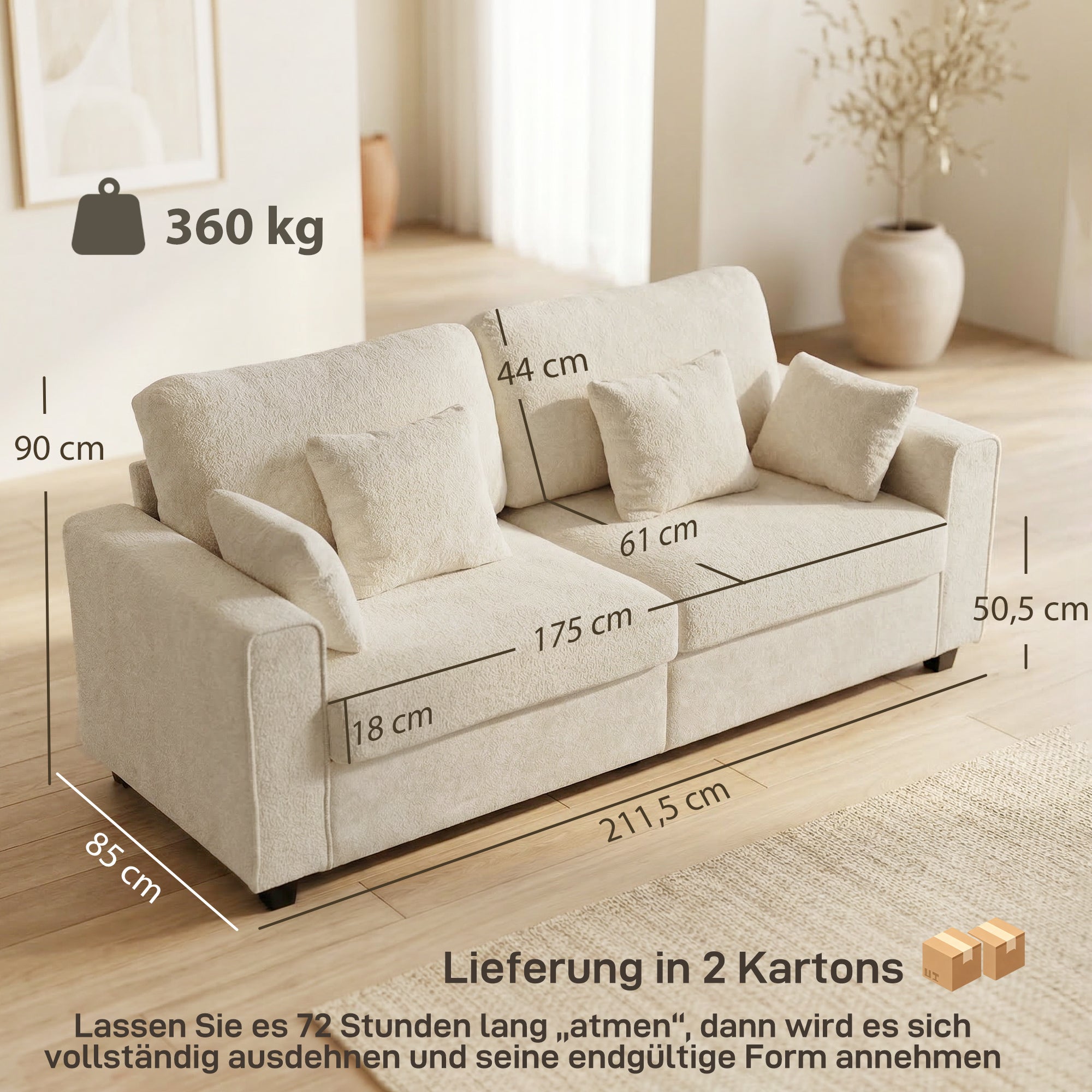 3-Seater Deep-Seat Sofa, 83.3 in Wide Velvet-Look Upholstered Couch with 4 Cushions, Beige