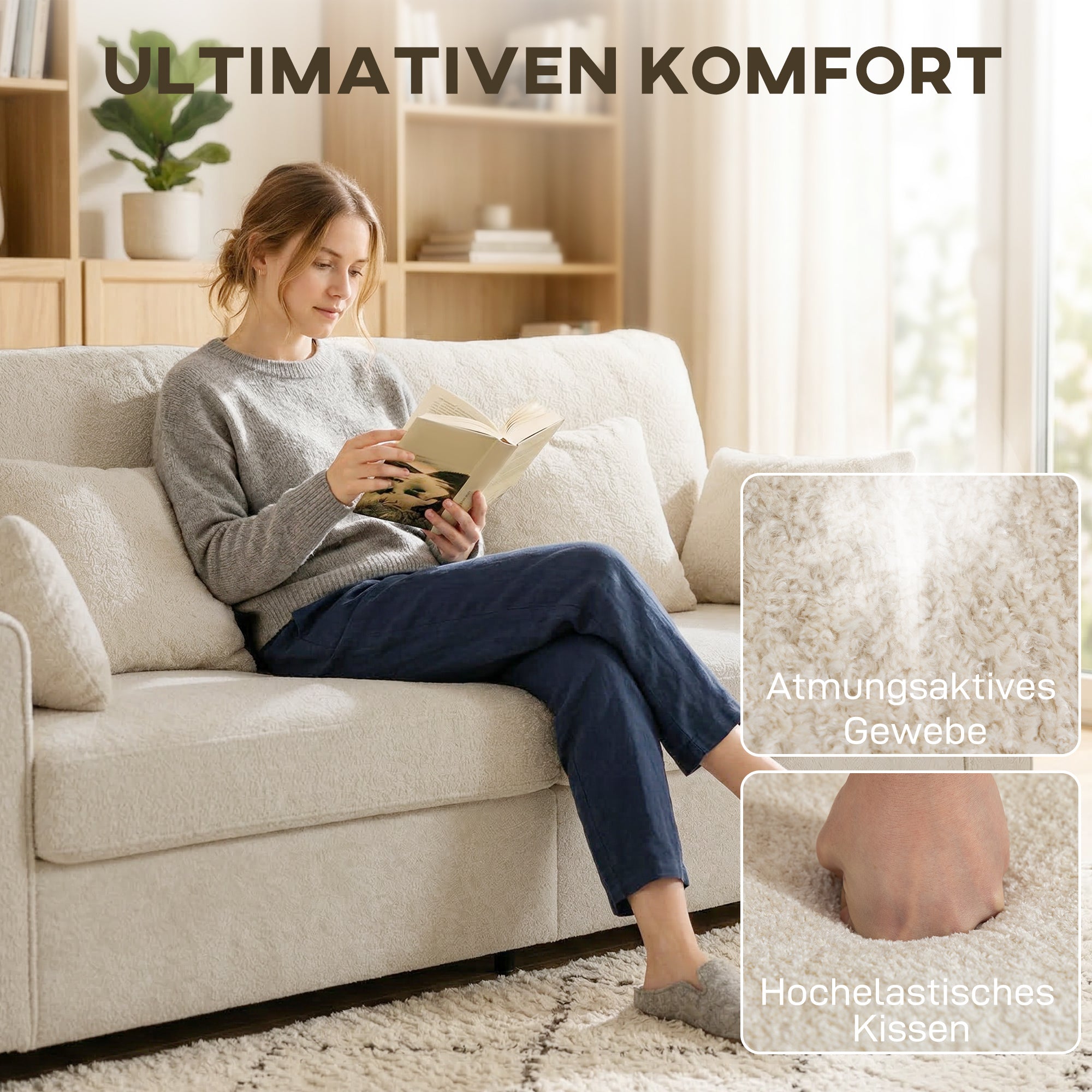 3-Seater Deep-Seat Sofa, 83.3 in Wide Velvet-Look Upholstered Couch with 4 Cushions, Beige