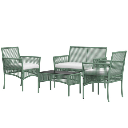 4-Piece Rattan Garden Set, Outdoor Set with 2 Outdoor Armchairs, Garden Sofa, and Garden Coffee Table, Green and Black