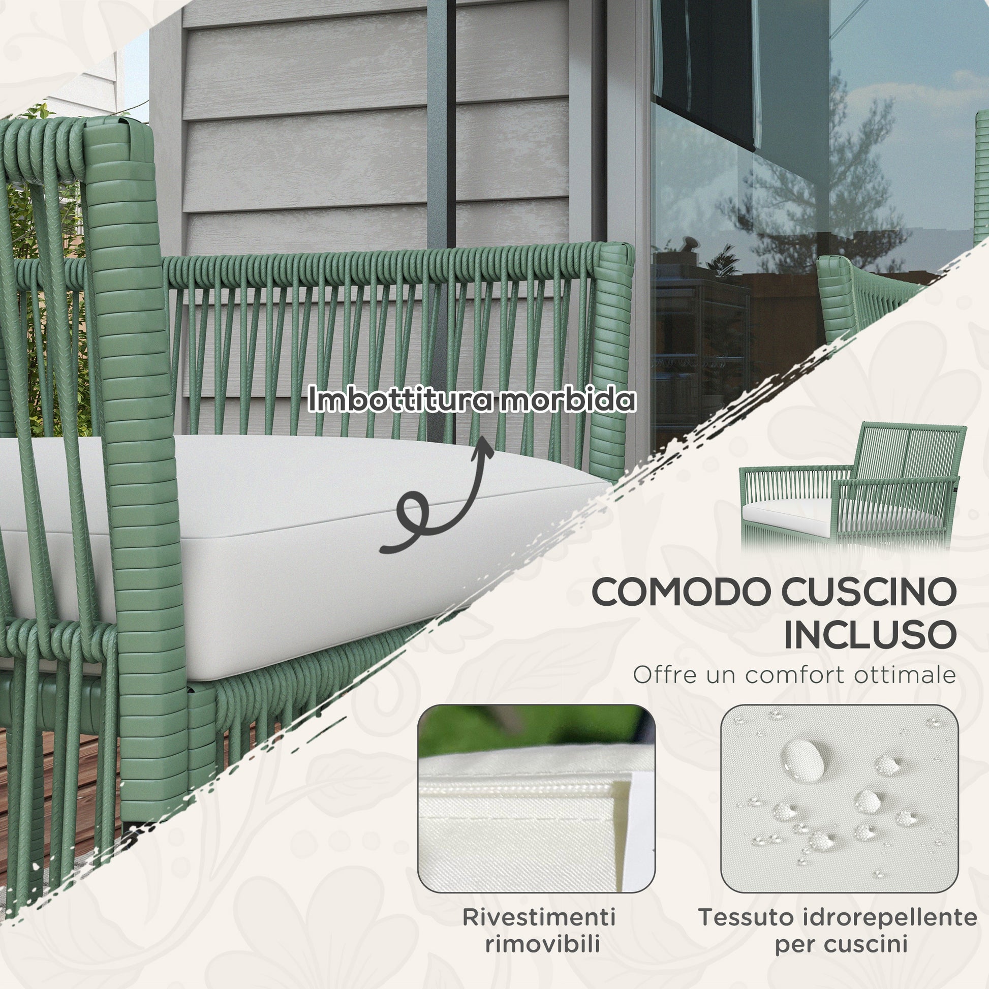4-Piece Rattan Garden Set, Outdoor Set with 2 Outdoor Armchairs, Garden Sofa, and Garden Coffee Table, Green and Black