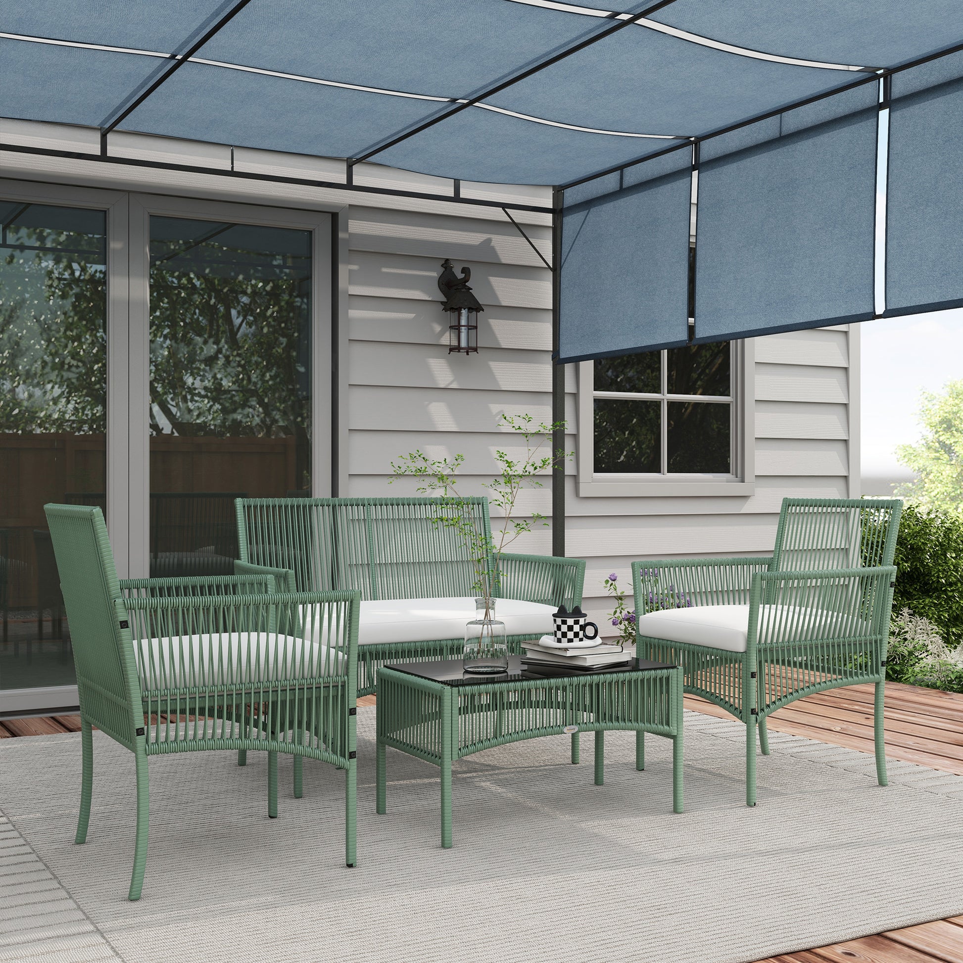 4-Piece Rattan Garden Set, Outdoor Set with 2 Outdoor Armchairs, Garden Sofa, and Garden Coffee Table, Green and Black