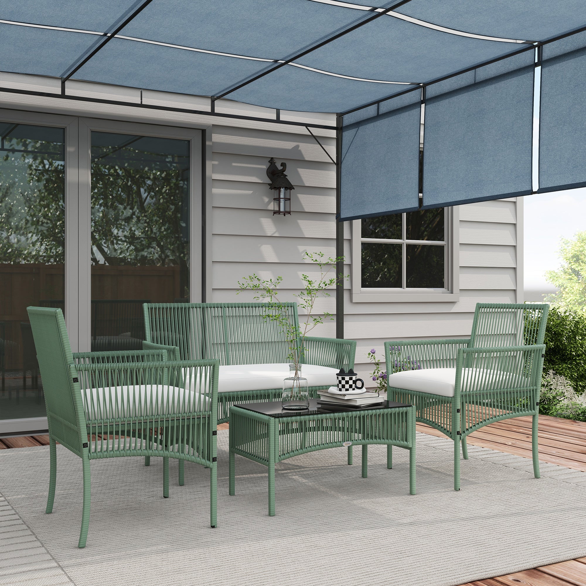 4-Piece Rattan Garden Set, Outdoor Set with 2 Outdoor Armchairs, Garden Sofa, and Garden Coffee Table, Green and Black