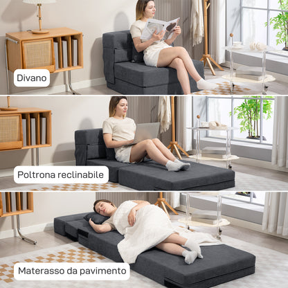 Foldable Single Armchair Bed — Convertible Floor Chair to Chaise Longue & Mattress, Space-Saving Sofa Bed for Living Room, Studio (31.5 x 31.5 x 25.2 in), Dark Gray