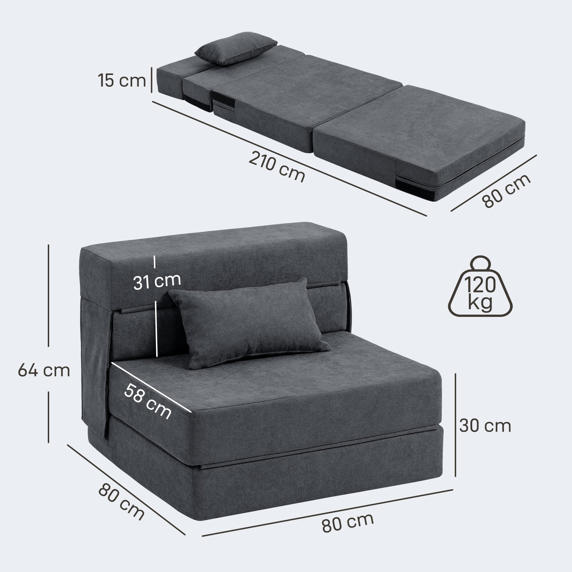 Foldable Single Armchair Bed — Convertible Floor Chair to Chaise Longue & Mattress, Space-Saving Sofa Bed for Living Room, Studio (31.5 x 31.5 x 25.2 in), Dark Gray