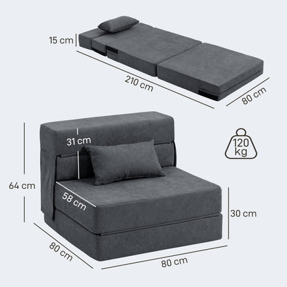 Foldable Single Armchair Bed — Convertible Floor Chair to Chaise Longue & Mattress, Space-Saving Sofa Bed for Living Room, Studio (31.5 x 31.5 x 25.2 in), Dark Gray