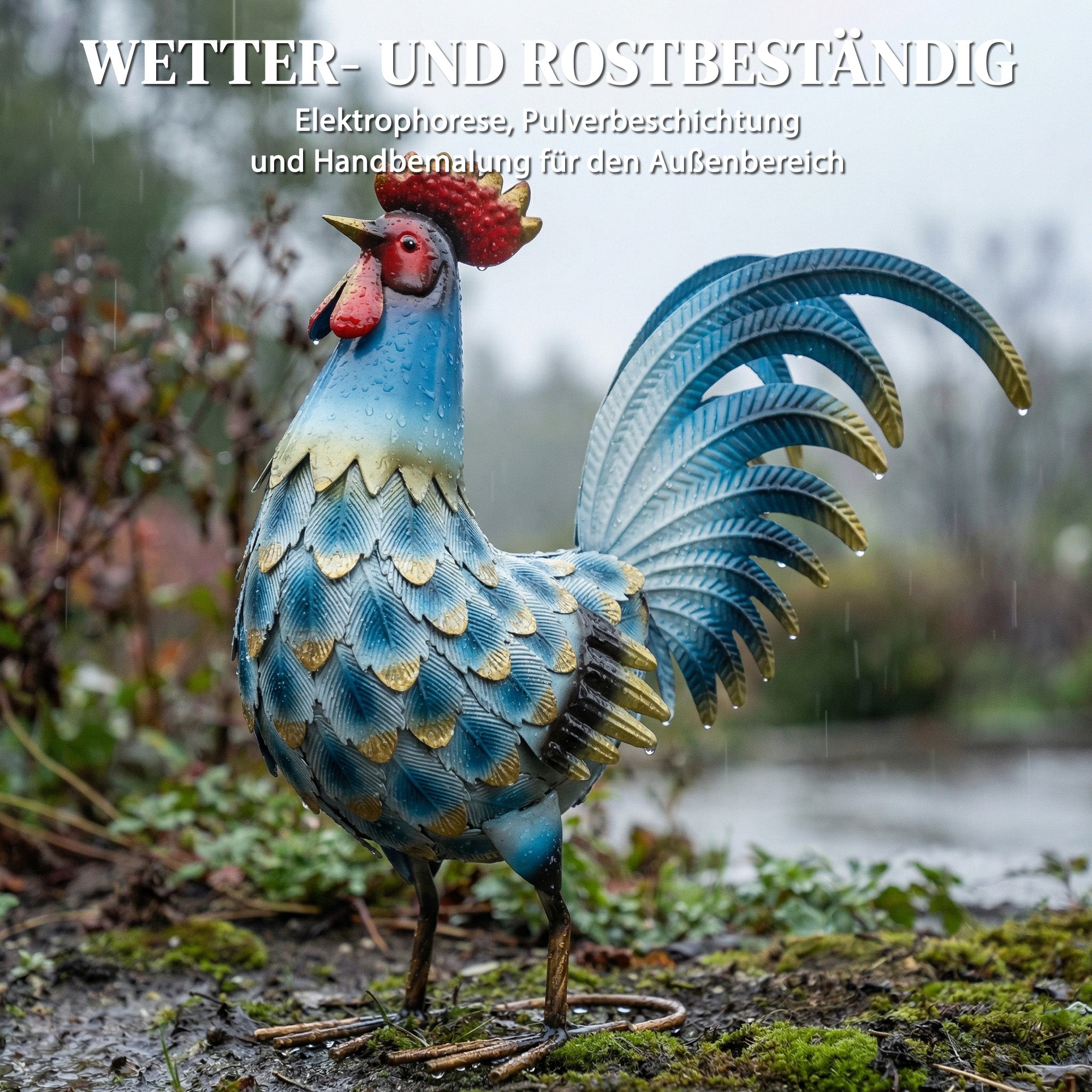 Rooster Garden Statue, Metal Rooster Sculpture with Ground Anchors, Standing Rooster for Patio and Lawn, 44 x 18 x 41 cm (17.3 x 7.1 x 16.1 in), Multicolor