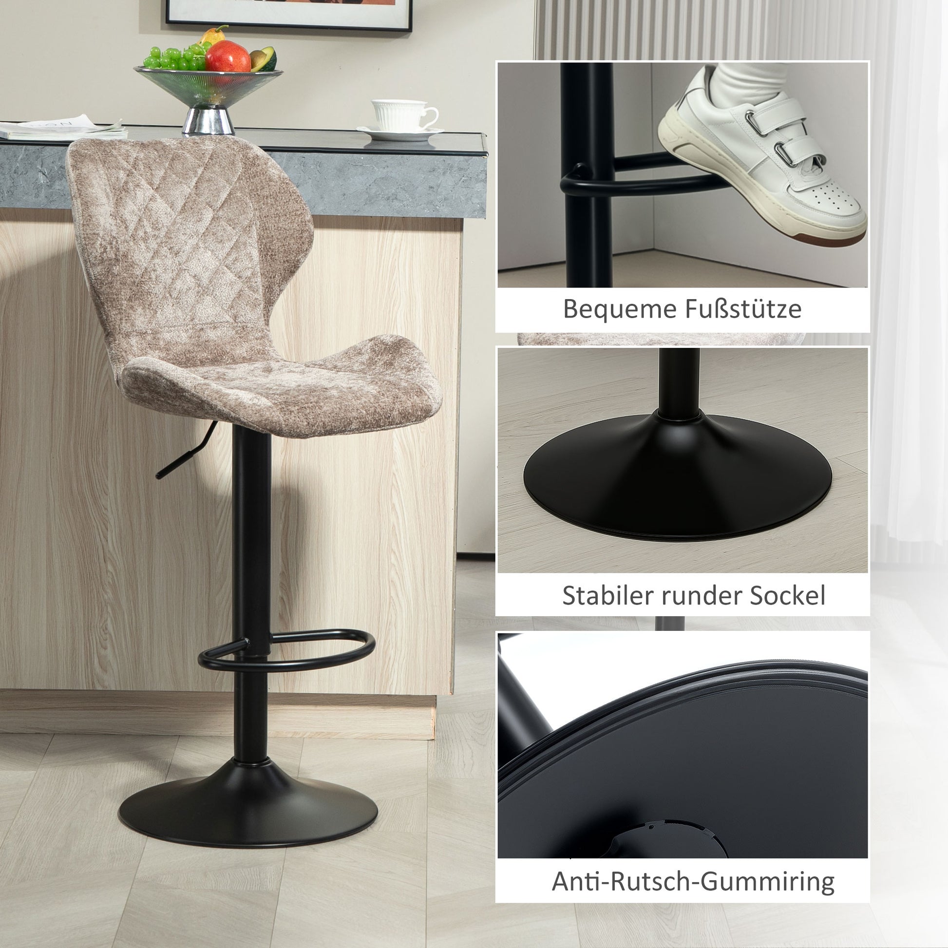 Bar Stools Set of 2, Swivel Height Adjustable Barstool with Chenille Look, Upholstered Kitchen Chairs with Backrest and Footrest Counter Stools for Kitchen, Steel Brown