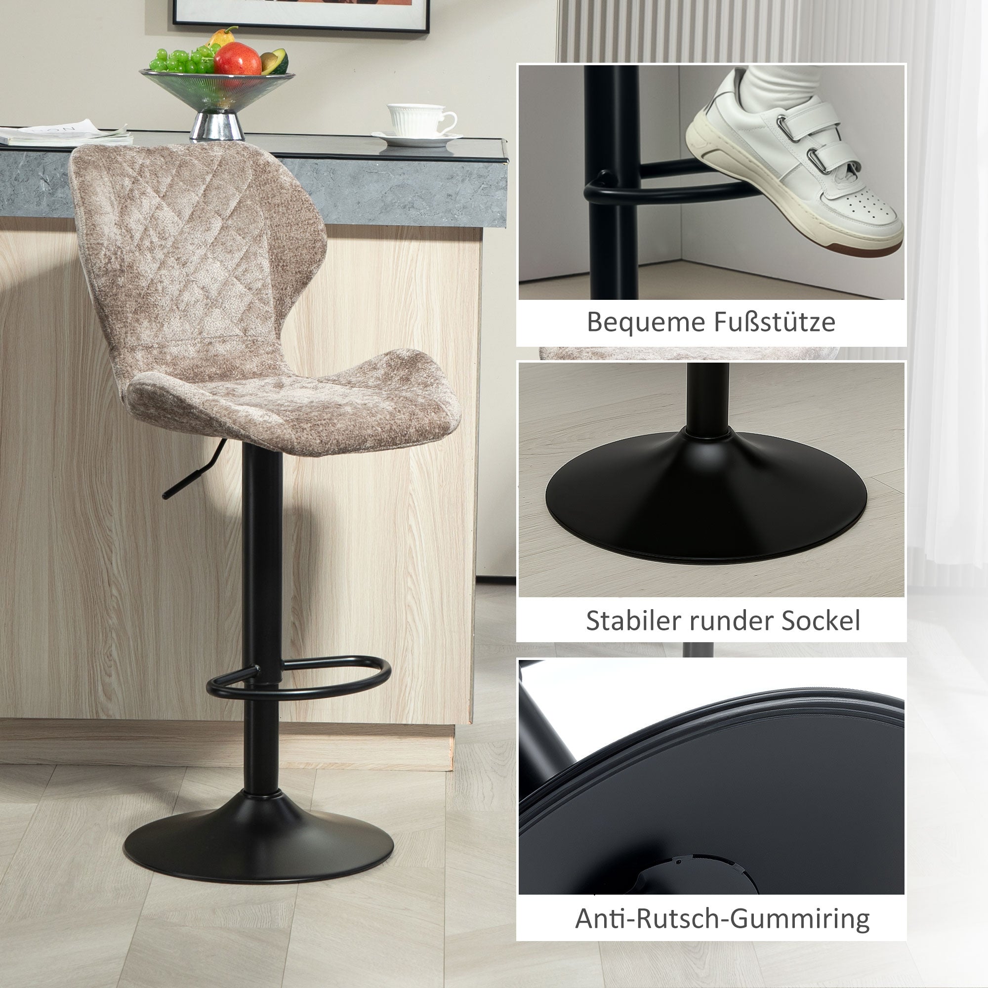 Bar Stools Set of 2, Swivel Height Adjustable Barstool with Chenille Look, Upholstered Kitchen Chairs with Backrest and Footrest Counter Stools for Kitchen, Steel Brown