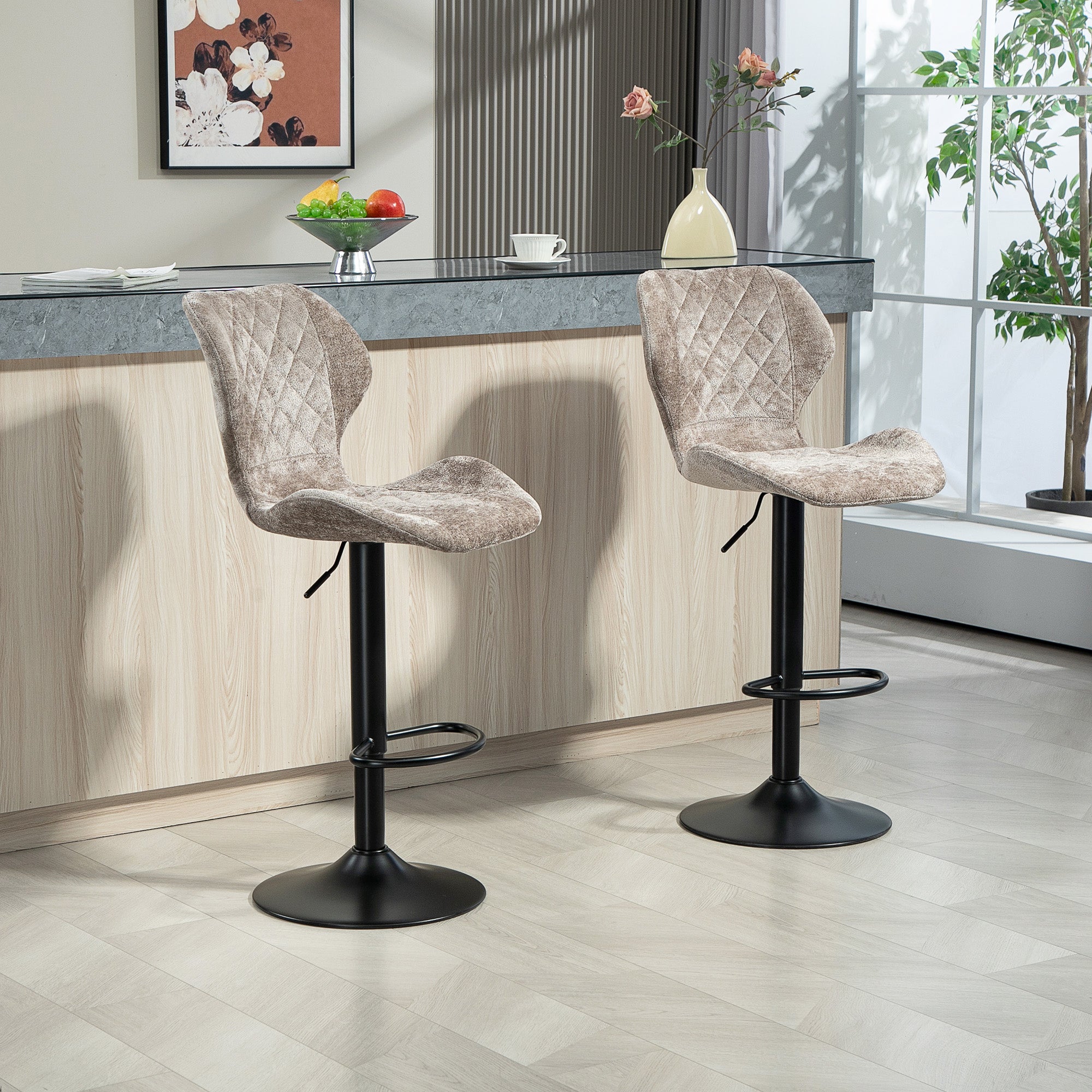 Bar Stools Set of 2, Swivel Height Adjustable Barstool with Chenille Look, Upholstered Kitchen Chairs with Backrest and Footrest Counter Stools for Kitchen, Steel Brown