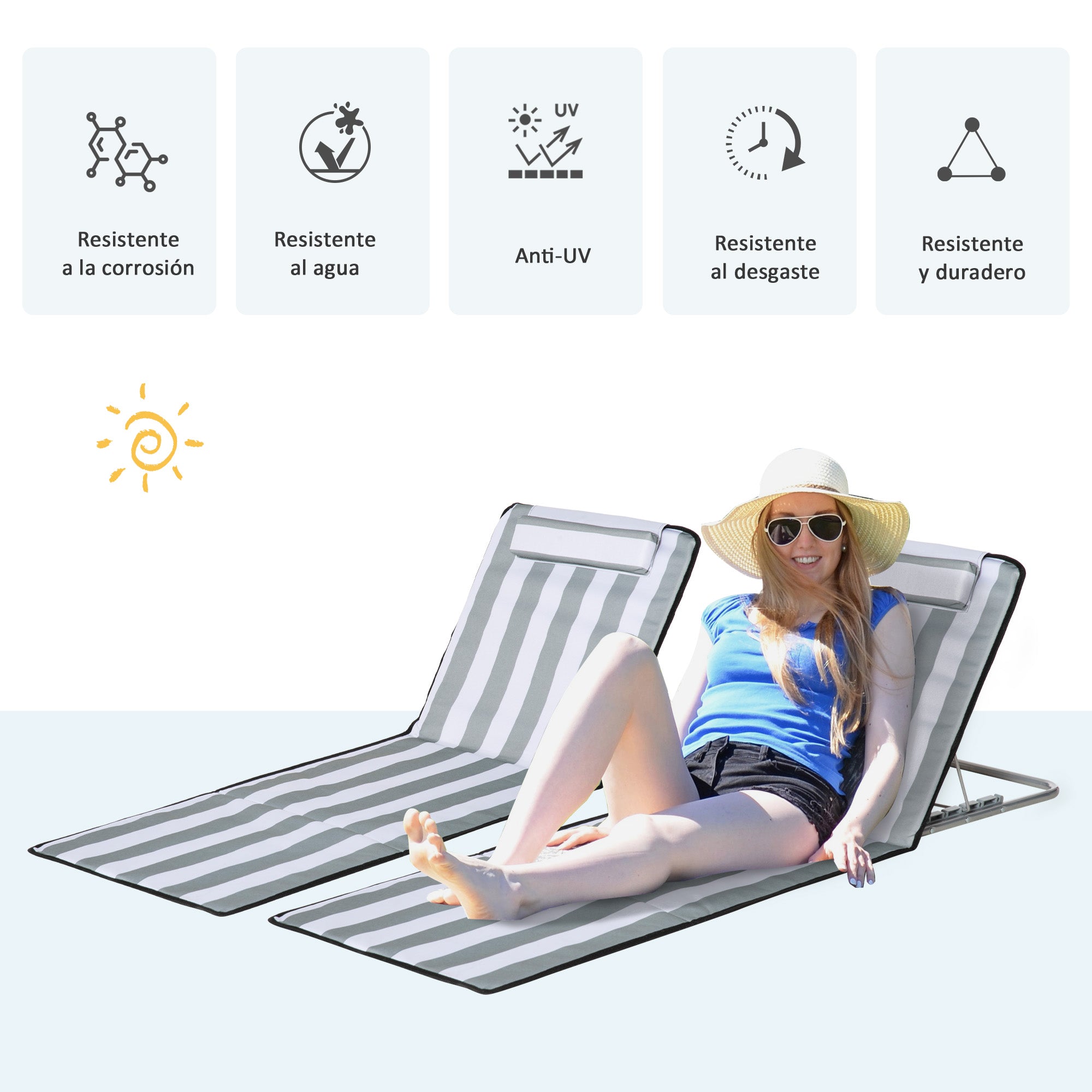 Set of 2 Folding Beach Mats with Reclining Backrest in 5 Levels, Headrest, and Carrying Bag 134x48x33-43 cm White and Gray Stripes