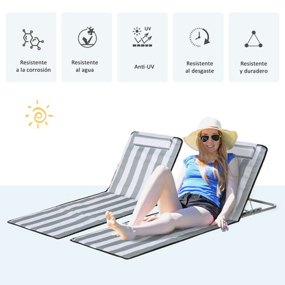 Set of 2 Folding Beach Mats with Reclining Backrest in 5 Levels, Headrest, and Carrying Bag 134x48x33-43 cm White and Gray Stripes