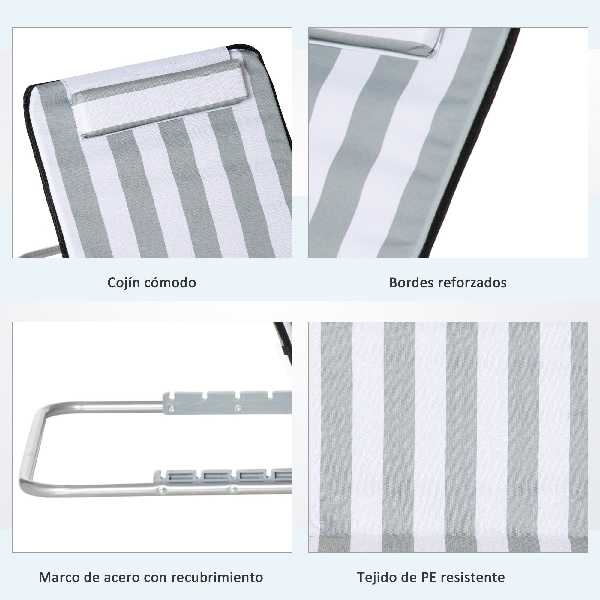Set of 2 Folding Beach Mats with Reclining Backrest in 5 Levels, Headrest, and Carrying Bag 134x48x33-43 cm White and Gray Stripes