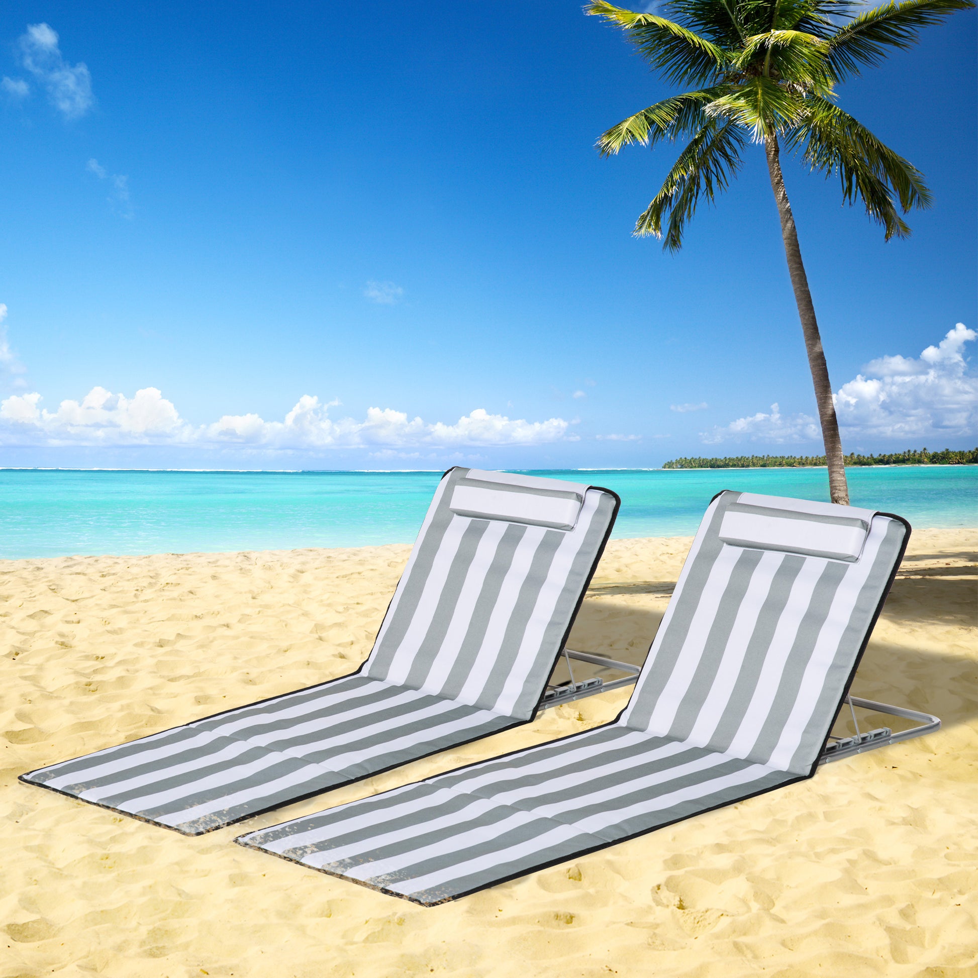 Set of 2 Folding Beach Mats with Reclining Backrest in 5 Levels, Headrest, and Carrying Bag 134x48x33-43 cm White and Gray Stripes