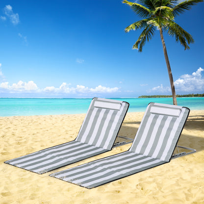 Set of 2 Folding Beach Mats with Reclining Backrest in 5 Levels, Headrest, and Carrying Bag 134x48x33-43 cm White and Gray Stripes