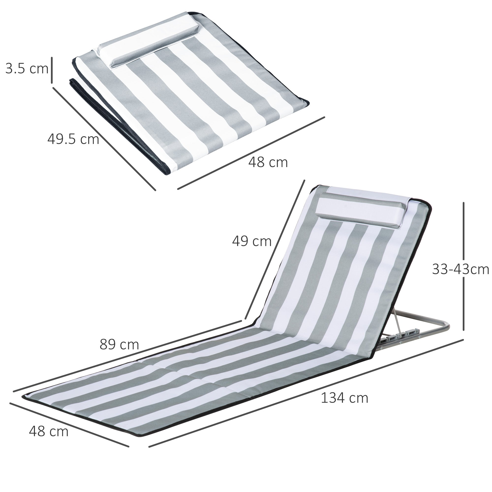 Set of 2 Folding Beach Mats with Reclining Backrest in 5 Levels, Headrest, and Carrying Bag 134x48x33-43 cm White and Gray Stripes