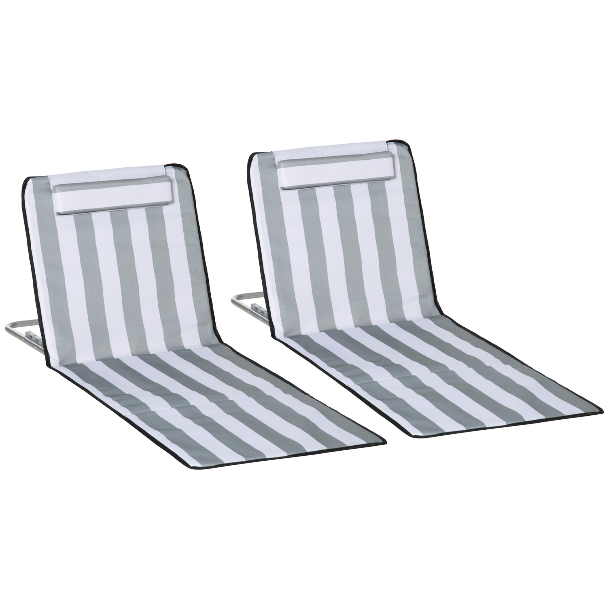 Set of 2 Folding Beach Mats with Reclining Backrest in 5 Levels, Headrest, and Carrying Bag 134x48x33-43 cm White and Gray Stripes
