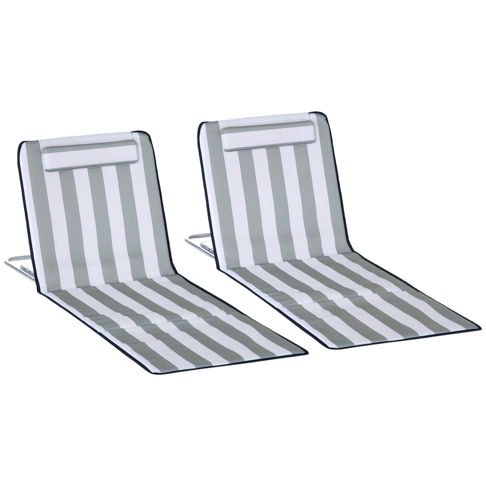 Set of 2 Folding Beach Mats with Reclining Backrest in 5 Levels, Headrest, and Carrying Bag 134x48x33-43 cm White and Gray Stripes