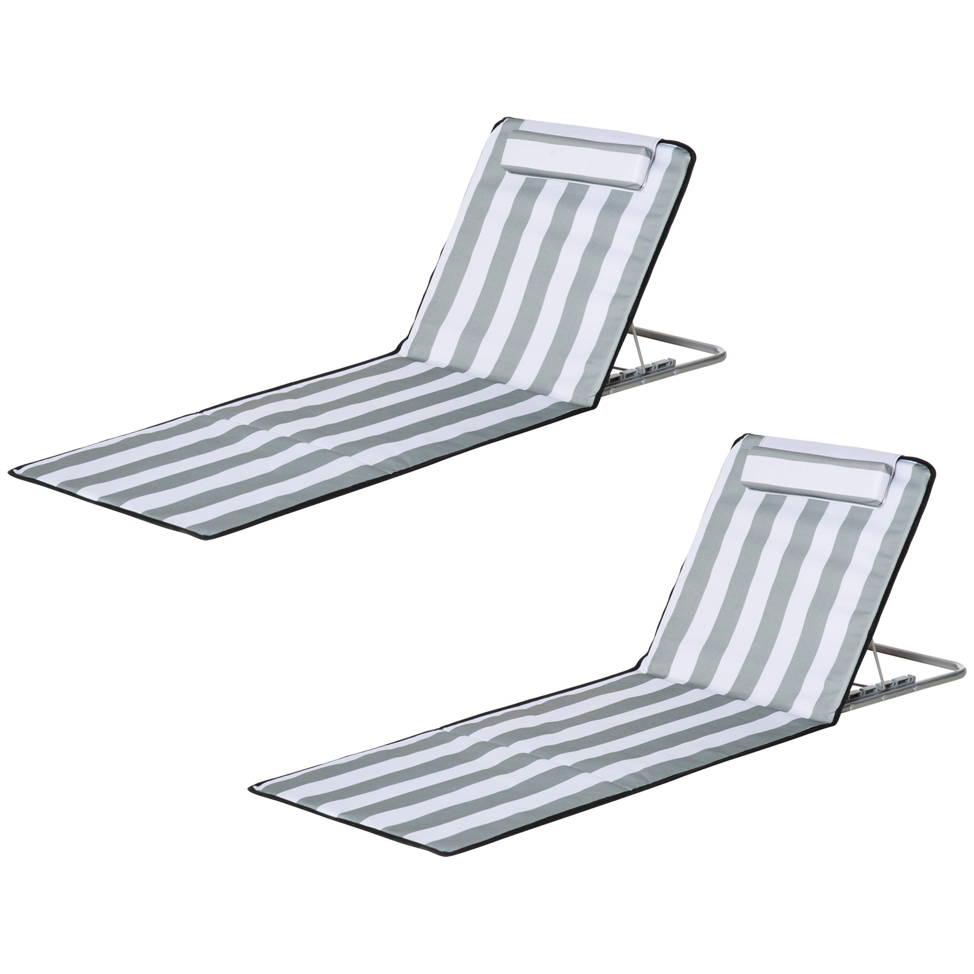 Set of 2 Folding Beach Mats with Reclining Backrest in 5 Levels, Headrest, and Carrying Bag 134x48x33-43 cm White and Gray Stripes