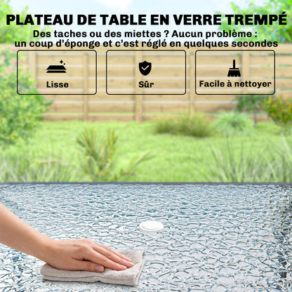8-Piece Outdoor Patio Set — Table with Tempered Glass Top, 6 Folding Chairs & Parasol, Rust-Resistant Steel Frame, Grey