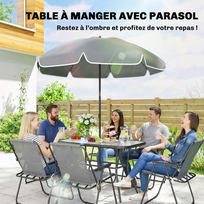 8-Piece Outdoor Patio Set — Table with Tempered Glass Top, 6 Folding Chairs & Parasol, Rust-Resistant Steel Frame, Grey