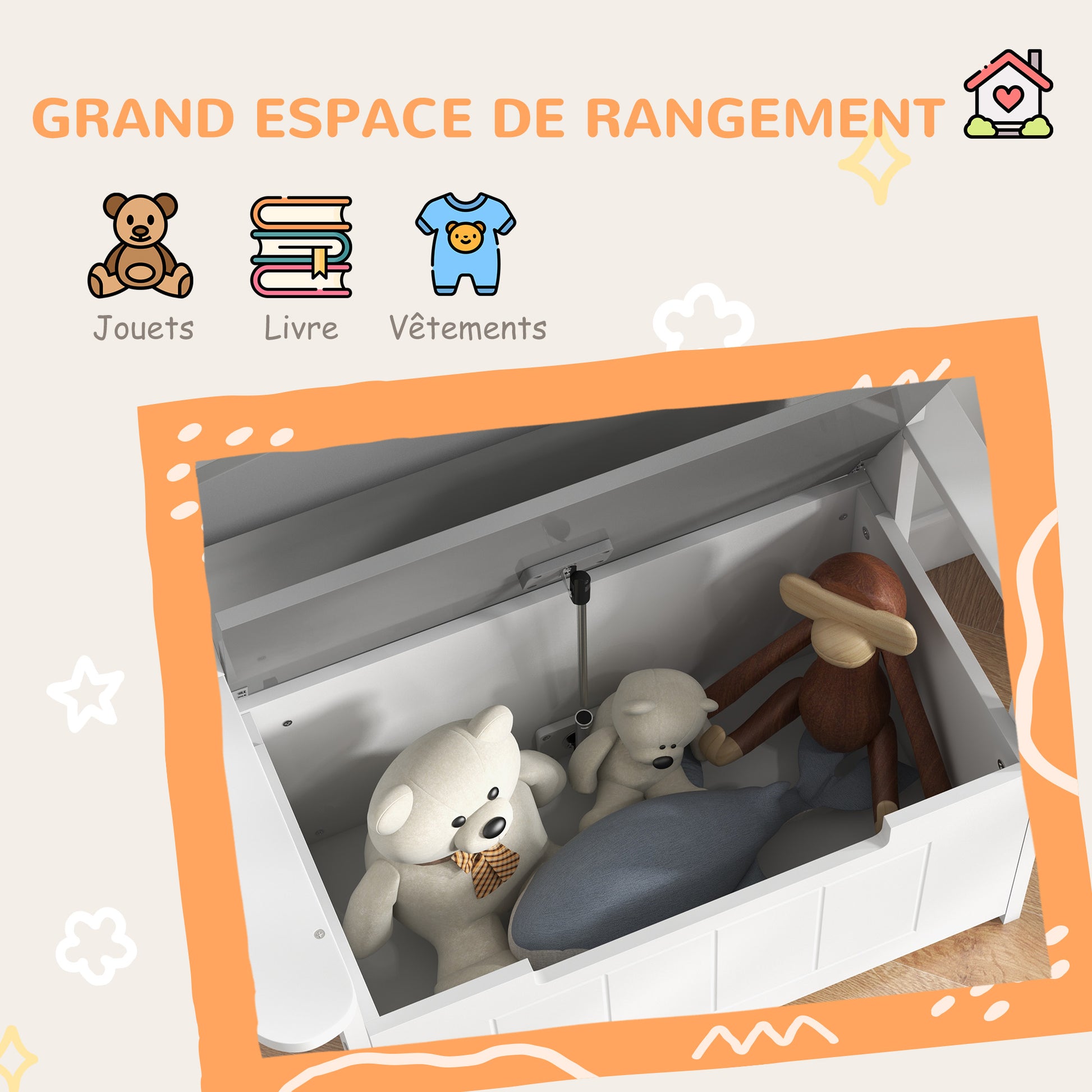 Children's Toy Chest 2-in-1 Storage Bench and Seating with Backrest and Armrests - Gas Spring 68.5L x 34W x 58H cm Gray