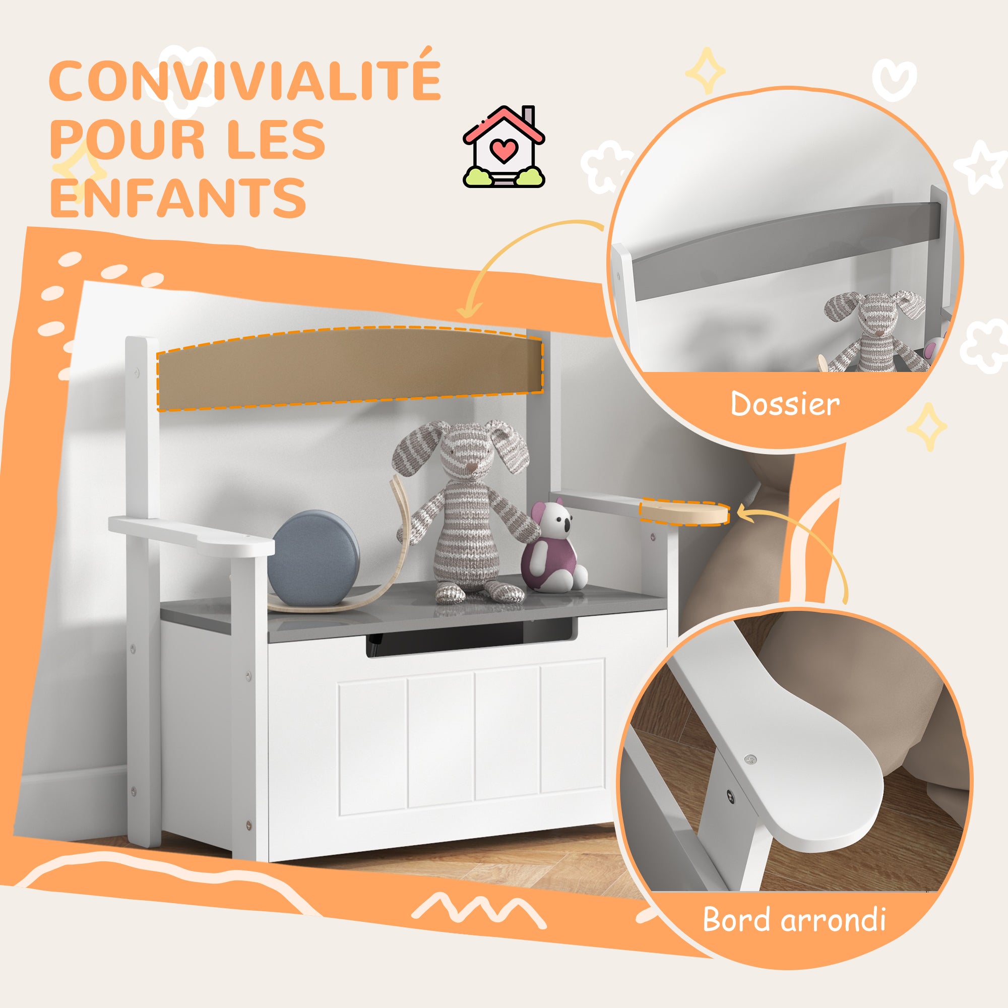 Children's Toy Chest 2-in-1 Storage Bench and Seating with Backrest and Armrests - Gas Spring 68.5L x 34W x 58H cm Gray