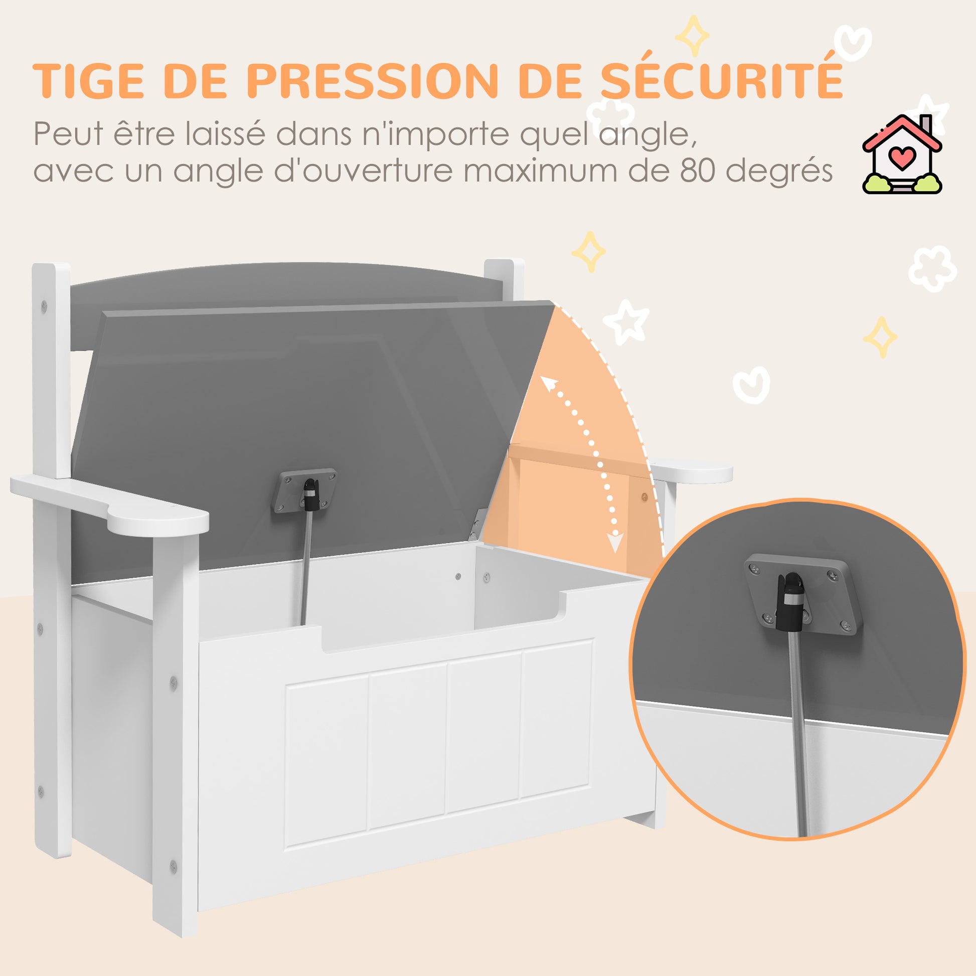 Children's Toy Chest 2-in-1 Storage Bench and Seating with Backrest and Armrests - Gas Spring 68.5L x 34W x 58H cm Gray