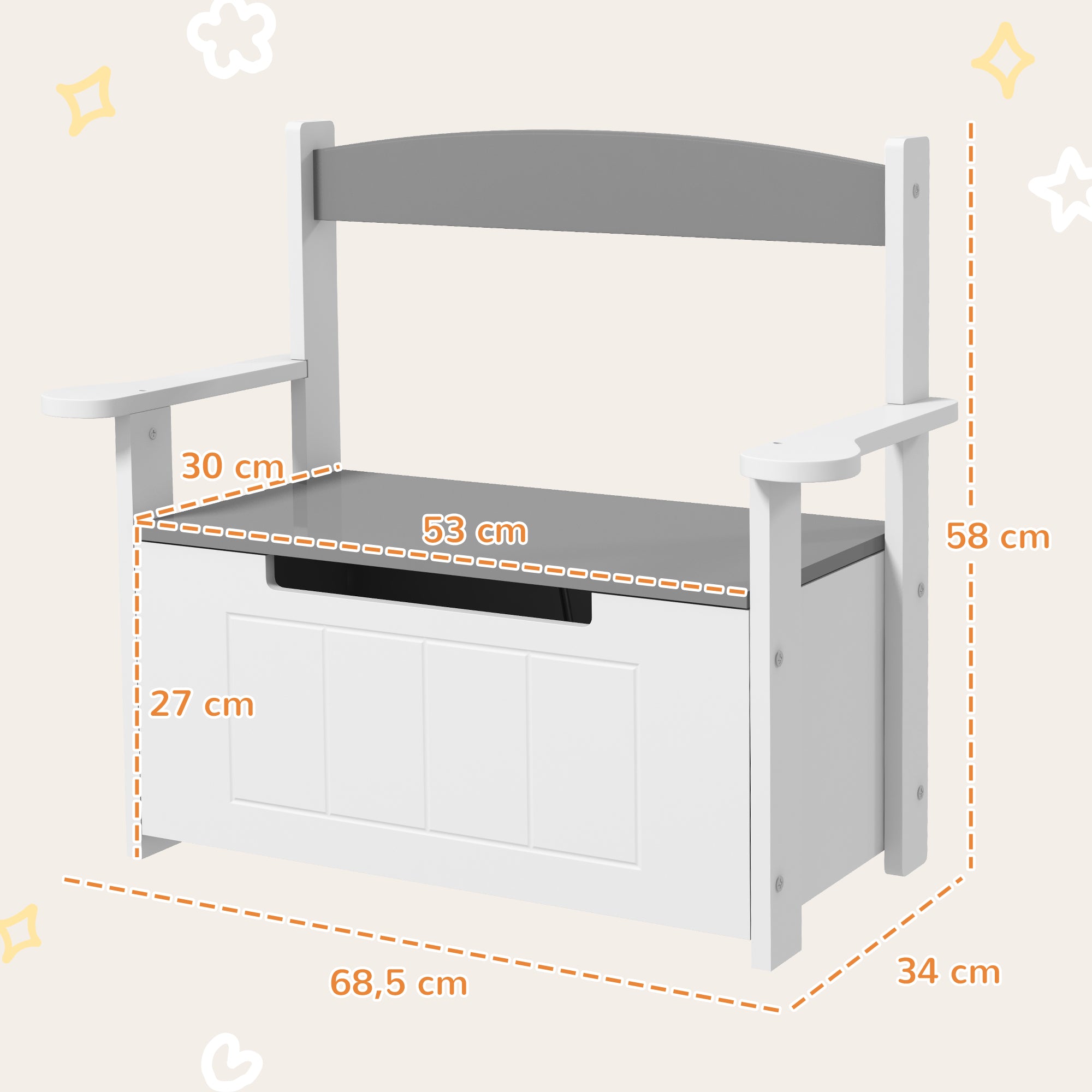 Children's Toy Chest 2-in-1 Storage Bench and Seating with Backrest and Armrests - Gas Spring 68.5L x 34W x 58H cm Gray