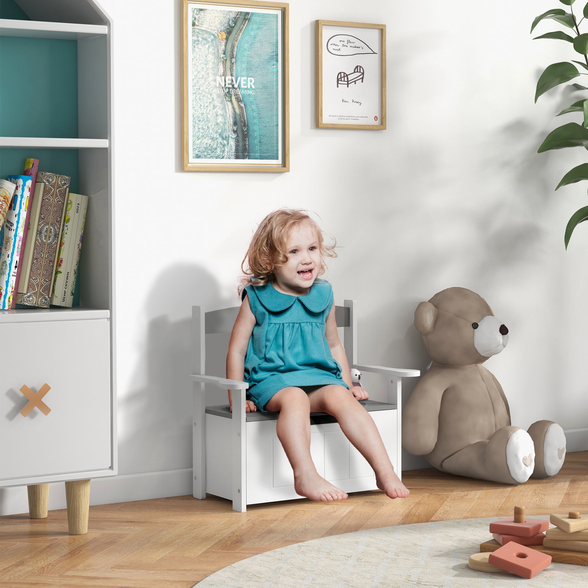 Children's Toy Chest 2-in-1 Storage Bench and Seating with Backrest and Armrests - Gas Spring 68.5L x 34W x 58H cm Gray