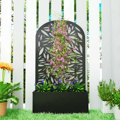 Elevated Planter with Leaf-Pattern Trellis — Metal Flower Box 24" x 9" x 44.5" for Garden, Balcony & Patio