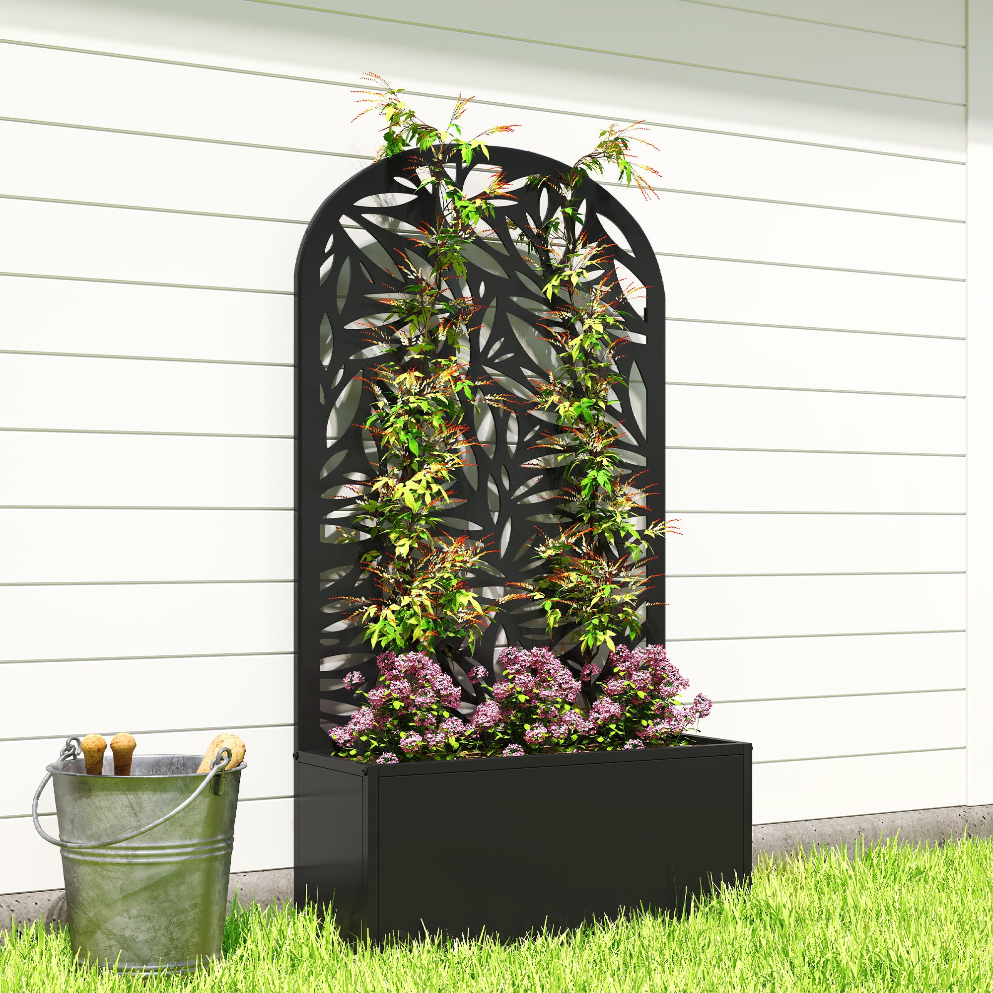 Elevated Planter with Leaf-Pattern Trellis — Metal Flower Box 24" x 9" x 44.5" for Garden, Balcony & Patio