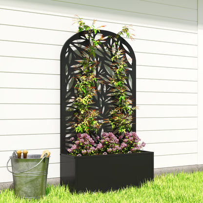 Elevated Planter with Leaf-Pattern Trellis — Metal Flower Box 24" x 9" x 44.5" for Garden, Balcony & Patio