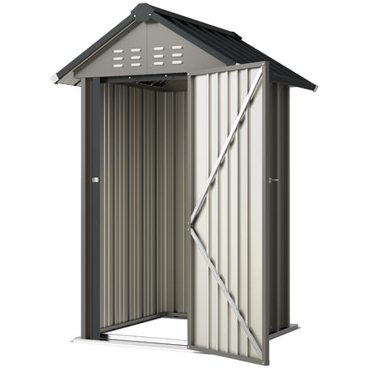 Galvanized Metal Garden Shed, 1.17 m² (12.6 ft²) – Ventilated, Lockable Storage with Gable Roof, Gloves Included, Light Gray