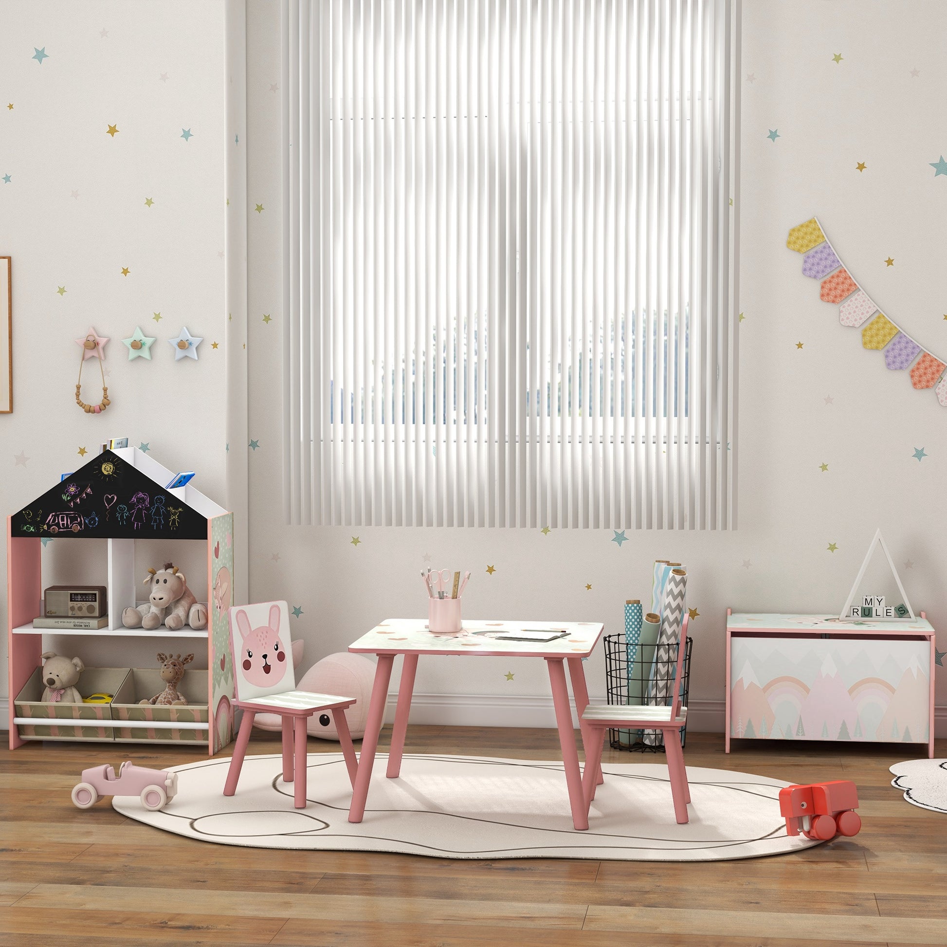 ZONEKIZ 3-Piece Kids Table and Chairs Set Children's Table with 2 Chairs Furniture Set for Activities for Children aged 3-8 Years for Bedroom Playroom Pink and White
