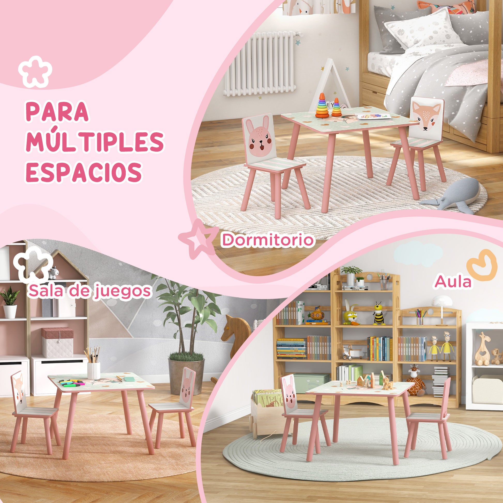 ZONEKIZ 3-Piece Kids Table and Chairs Set Children's Table with 2 Chairs Furniture Set for Activities for Children aged 3-8 Years for Bedroom Playroom Pink and White