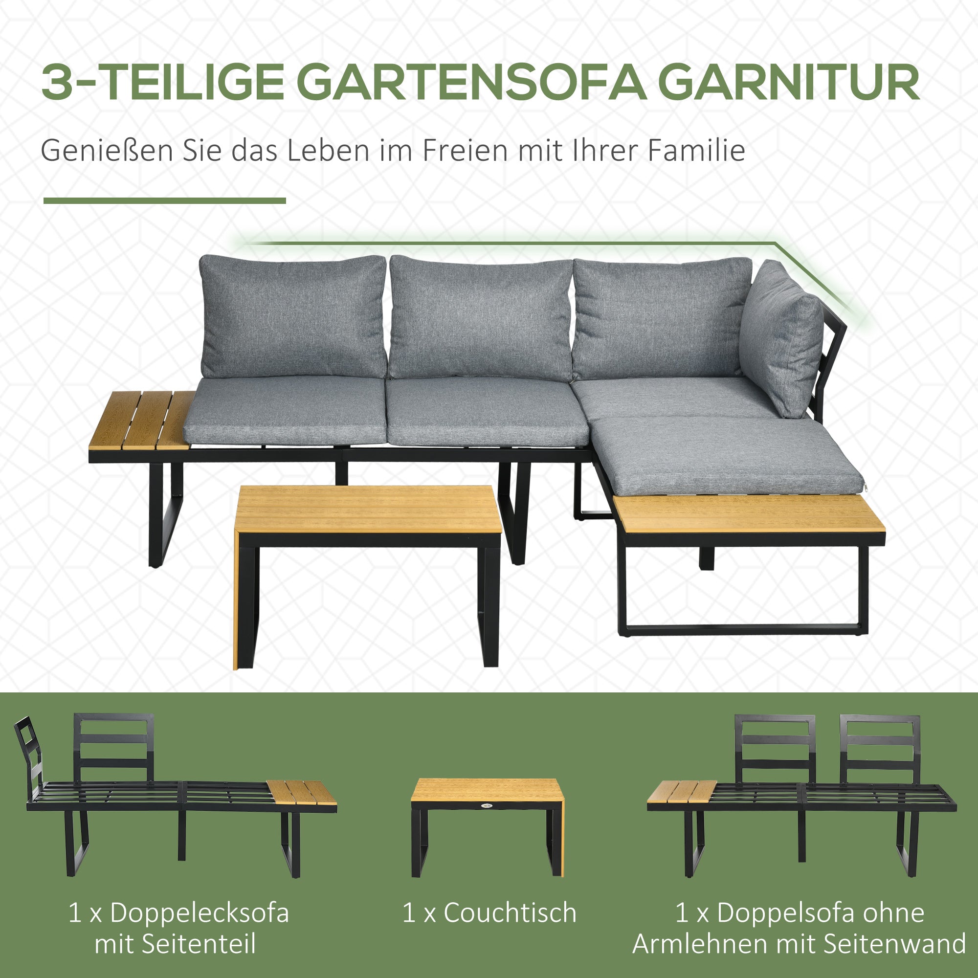 3 Piece Garden Furniture Set, Balcony Furniture with Seat Cushions, Garden Lounge Set with Corner Sofa, Double Sofa, Coffee Table, for Patio, Balcony, Aluminum, Dark Gray+Nature