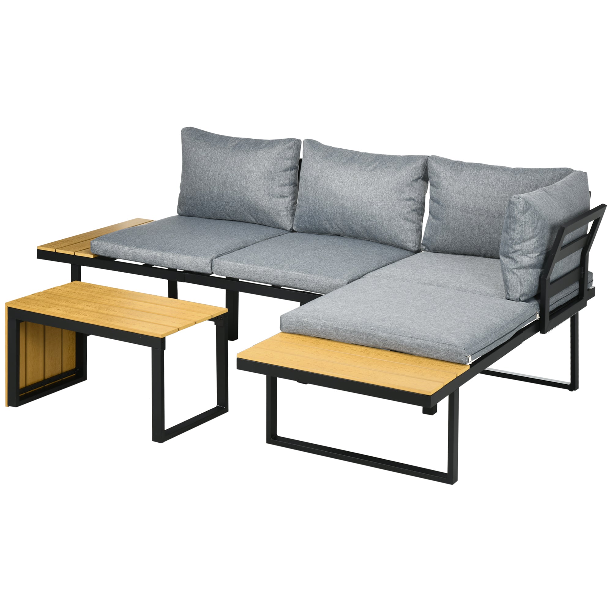 3 Piece Garden Furniture Set, Balcony Furniture with Seat Cushions, Garden Lounge Set with Corner Sofa, Double Sofa, Coffee Table, for Patio, Balcony, Aluminum, Dark Gray+Nature