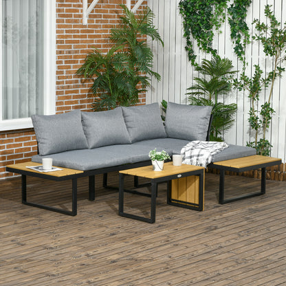 3 Piece Garden Furniture Set, Balcony Furniture with Seat Cushions, Garden Lounge Set with Corner Sofa, Double Sofa, Coffee Table, for Patio, Balcony, Aluminum, Dark Gray+Nature