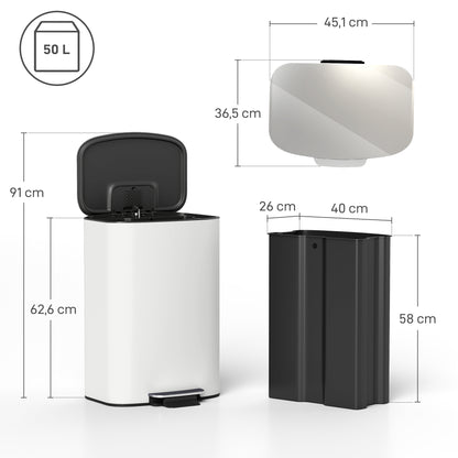 50L Kitchen Step Trash Can – Stay-Open & Soft-Close Lid, Pedal Bin, Stainless Steel, Cream White, 17.8 x 14.4 x 24.6 in